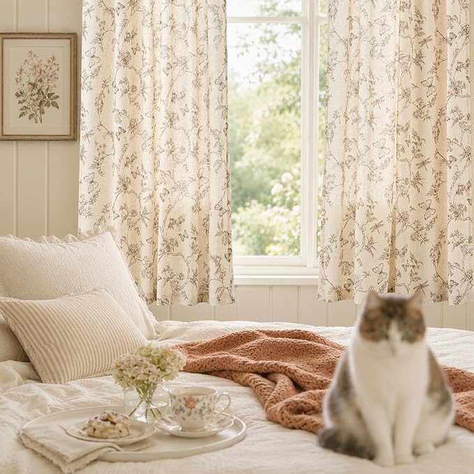 Taupe Floral Linen Curtains Farmhouse Rod Pocket 50W X 63L 2 Panels | Charlotte - Image 6