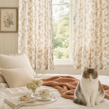Taupe Floral Linen Curtains Farmhouse Rod Pocket 50W X 63L 2 Panels | Charlotte - Image 6