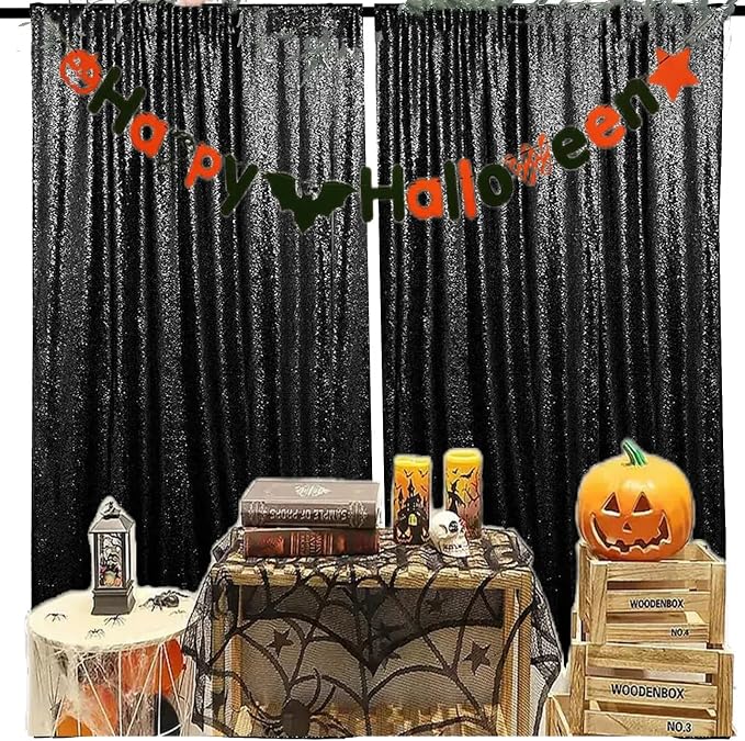 JYFLZQ Black Sequin Backdrop Curtains 2ft x 8ft 2 Panels Halloween Backdrop - Image 2