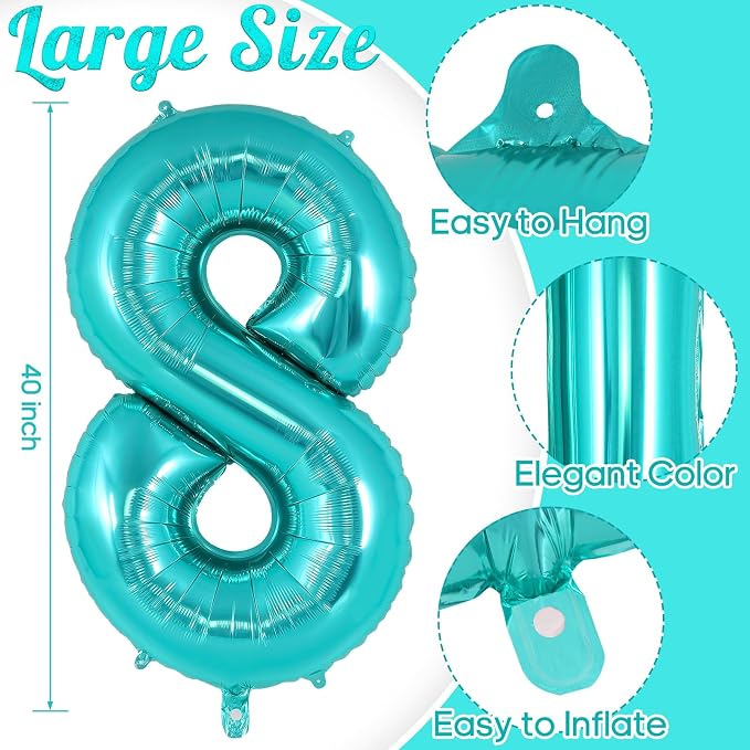 Teal Blue Number 8 Balloon, 40 Inch Big Large Foil Helium Number Balloons - Image 3