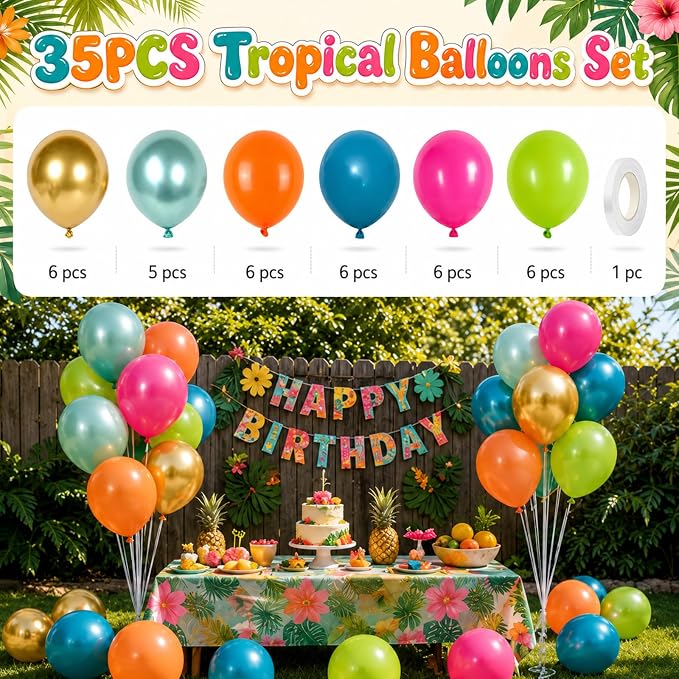 Tropical Balloons, 12 Inch Summer Hawaiian Balloons, Hot Pink Orange Teal Blue - Image 2