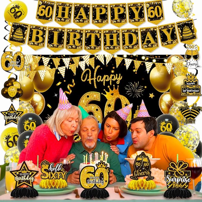 Mxdfafa 39Pcs Black Gold Glitter 60th Birthday Decorations Kit, 60th Bday Party - Image 2