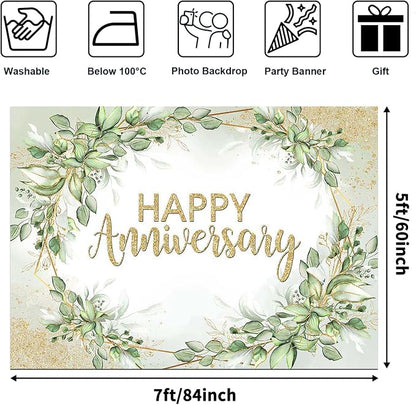 Happy Anniversary Backdrop Sage Green Leaves Anniversary Banner Wedding Party - Image 2