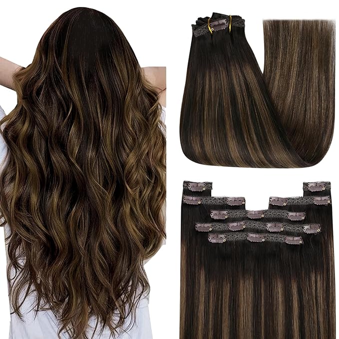 YoungSee 135G Clip in Hair Extensions Human Hair Brown Balayage Clip in Extensions Real Human Hair Dark Brown Mix Medium Brown Hair Extension Clip ins for Women 18Inch 7Pcs