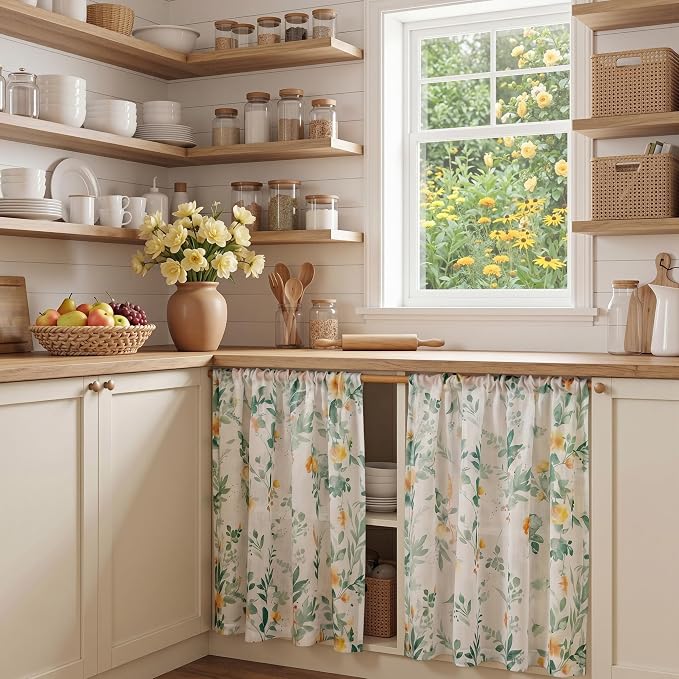 MYSKY HOME Green Floral Sheer Cafe Curtains 36 Inches Long - Image 8