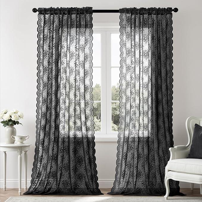 MIULEE Black Lace Curtains 96 inches Long, Victorian Floral Semi Sheer Curtains - Image 7