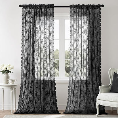 MIULEE Black Lace Curtains 96 inches Long, Victorian Floral Semi Sheer Curtains - Image 7