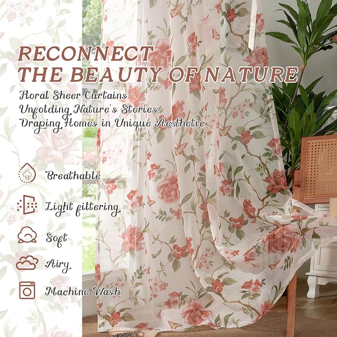 Floral Sheer Curtains for Bedroom Window 63 Inch Length 2 Panels, Farmhouse - Image 2