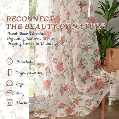 Floral Sheer Curtains for Bedroom Window 63 Inch Length 2 Panels, Farmhouse - Image 2