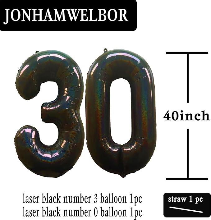Jonhamwelbor 40 Inch Black Balloon Numbers Foil Mylar Giant Balloon | Laser 30 - Image 2