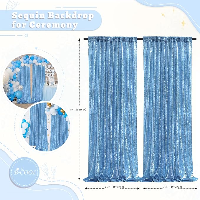 Baby Blue Sequin Backdrop Curtains 2 Pcs 3.3ftx8ft Sparkle Backdrop Fabric | - Image 4