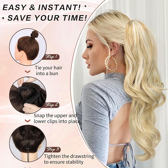 Ponytail Extension, Drawstring Ponytail Extension for Women 26 Inch Long Wavy Blonde Pony Tails Hair Extensions Synthetic Clip in Ponytail Hairpiece for Women(H24/60)