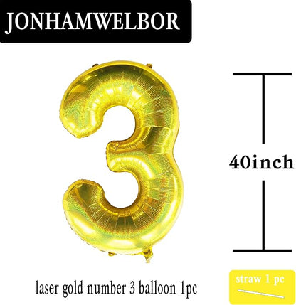 Jonhamwelbor 40 Inch Laser Gold Number 3 Balloon Foil Mylar Giant Balloon - Image 2