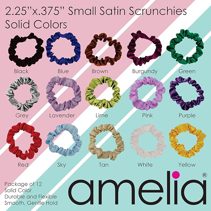 Amelia Beauty, Black Satin Small Scrunchies, 12-Pack – No Damage Hair Ties for Women, Gentle & Durable Hair Accessories, 2.5in x 0.5in