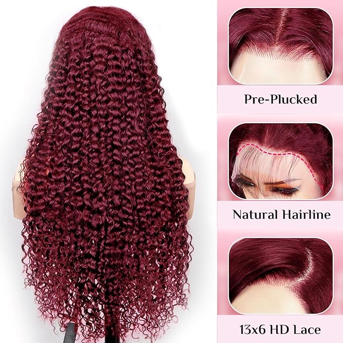 BVLBVL 20 Inch 99j 13x6 HD Lace Front Wigs Human Hair 250% Density Deep Wave Lace Front Wigs Pre Plucked Burgundy Wig Human Hair Wet And Wavy No Tangle No Shedding Triple Lifespan 3x