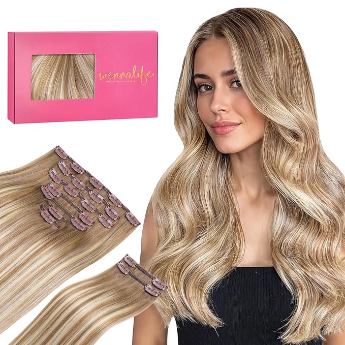 WENNALIFE Clip in Hair Extensions, 150g 14 Inch 9pcs Balayage Dirty Blonde with Platinum Ends Remy Hair Thicker Double Weft Extensiones De Cabello Humano Con Clip Ins Straight Full Volume