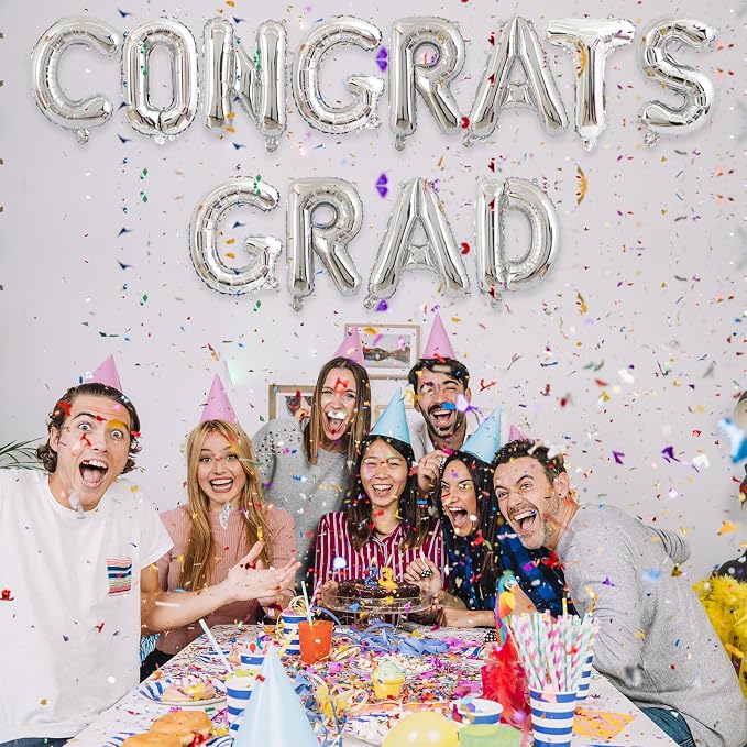 2 Set 24Pcs Silver Congrats Grad Letter Balloons 16in Balloon Foil Letter - Image 4
