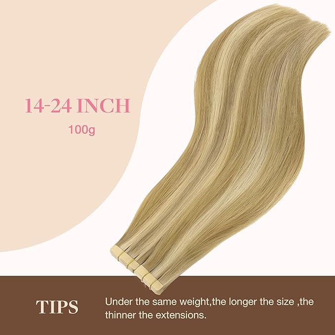GOO GOO Tape in Hair Extensions Human Hair, 16/22 Light Blonde Highlighted Golden Blonde, 12inch 80g 40pcs, Skin Weft Seamless Invisible, Silky Straight with Thick Ends, Remy Human Hair