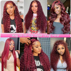 BVLBVL 32 Inch 99j 13x6 HD Lace Front Wigs Human Hair 250% Density Deep Wave Lace Front Wigs Pre Plucked Burgundy Wig Human Hair Wet And Wavy No Tangle No Shedding Triple Lifespan 3x