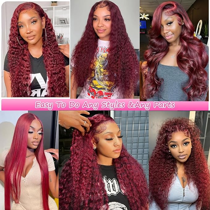 BVLBVL Burgundy Wig Human Hair 28 Inch 99j 13x6 HD Lace Front Wigs Human Hair 250 Density Deep Wave Human Hair Wig Pre Plucked Wet And Wavy No Tangle No Shedding Triple Lifespan 3x