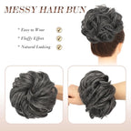 FESHFEN Messy Bun Hair Piece - Large Elastic Wavy Curly Hair Bun Scrunchies Ponytail Extensions Synthetic Chignon Hairpieces for Women, Dark Salt and Pepper 1.94oz