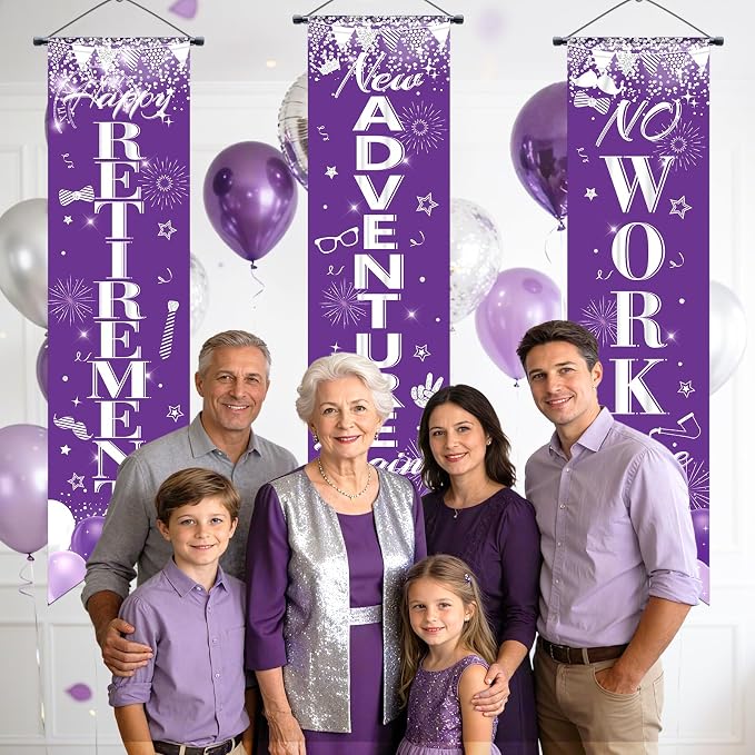 3Pcs Retirement Porch Sign Banner Purple Silver Happy Retirement Door Hanging - Image 7