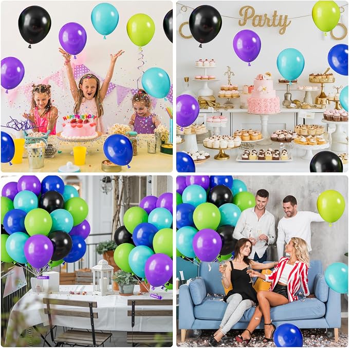 Green Purple Blue Balloons, 12 Inch Purple Green Teal Black Latex Balloons - Image 6