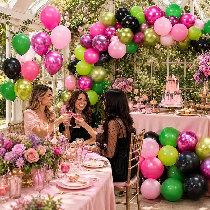 60PCS Black Pink Green Balloons, Hot Pink Dark Light Green Black Latex Balloon - Image 6