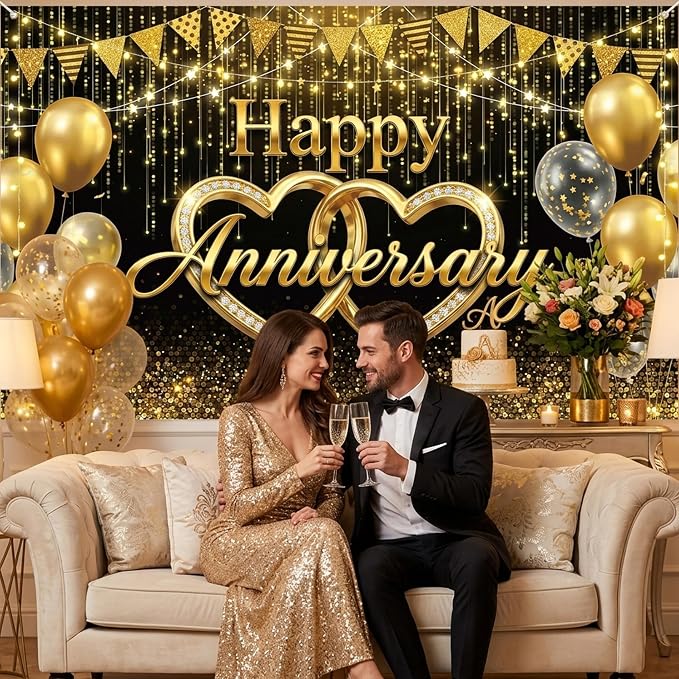 Happy Anniversary Black Gold Backdrop - Image 5