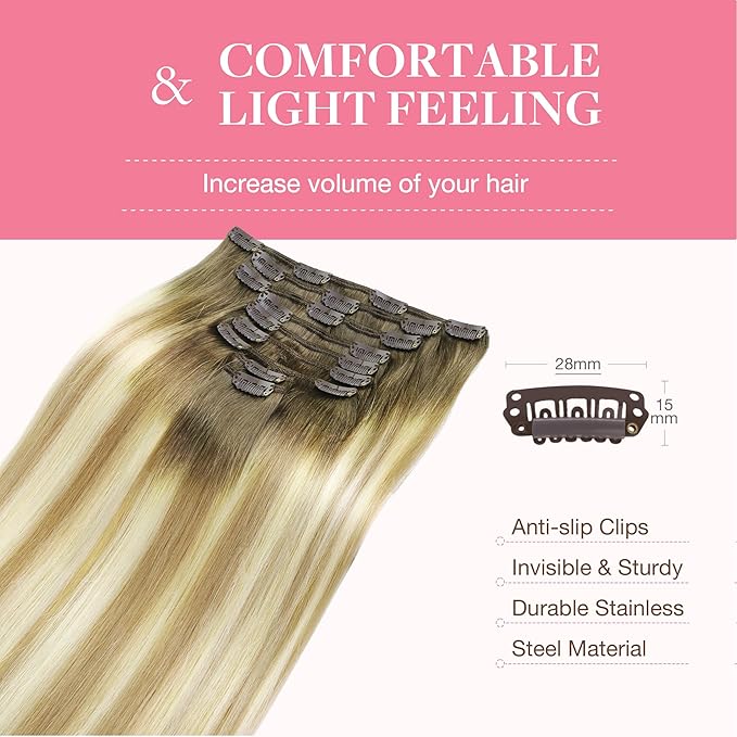 GOO GOO Clip in Hair Extensions Real Human Hair, Remy Human Hair Extensions Clip ins for Women, Natural Human Hair, 16inch 150g 9Pcs, 5A/90/16F Bahamian Balayage