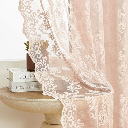 FOLKSIDE Blush Pink Lace Curtains 84 Inches Long 2 Panels Vintage French Floral by FOLKSIDEHomeDecoration