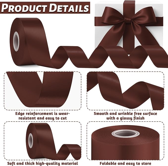 1 1/2In 30Yards Brown Ribbon for Gift Wrapping Birthday Christmas Decor | Soft - Image 3