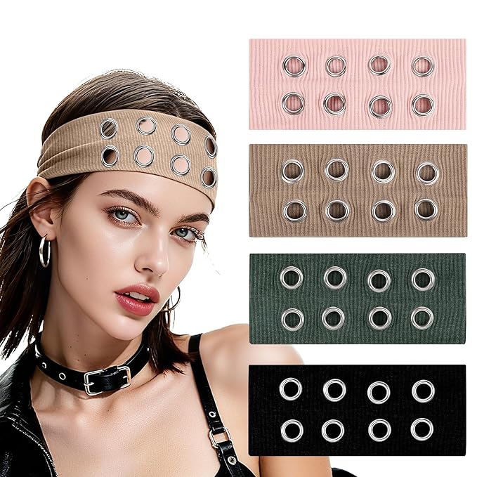 Meifuly Grommet Eyelet Headbands for Women, Hollow Out Eyelets Elastic Fashion Wide Headband, Y2k Girls Punk Grunge Goth Stretchy Hair Accessory (4 Pack)