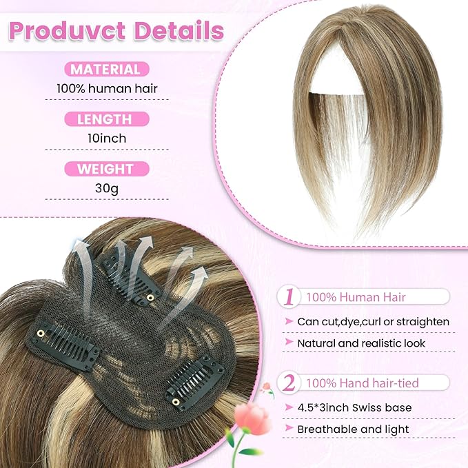 YAMI Hair Toppers for Women Fluffy Human Hair Topper 10inch Handmade Swiss Base Hairpieces 360° Cover Hairloss (Medium Brown with Highlight)