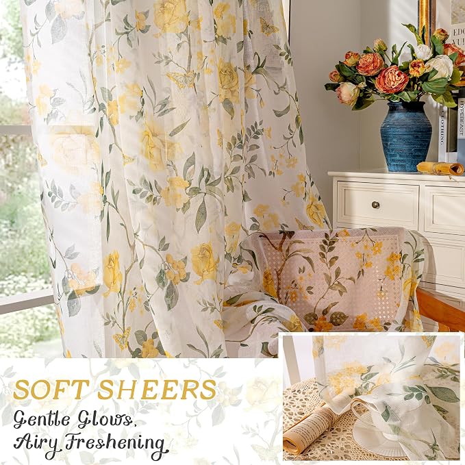 Sheer Curtains 45 Inch Length 2 Panels Set, Floral Patterned Linen Look - Image 6
