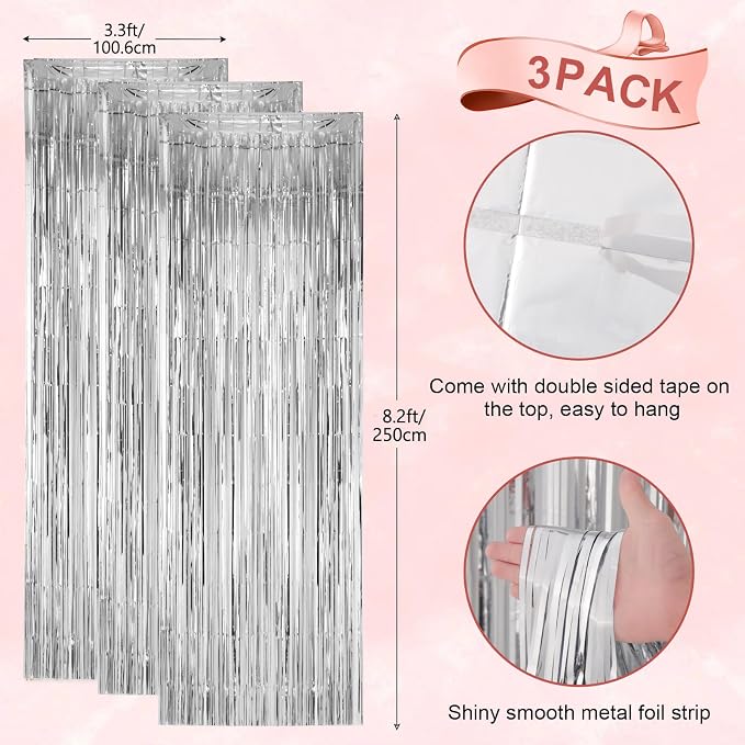 Voircoloria Silver Foil Fringe Backdrop Curtains, 3 Pack | Tinsel Streamers - Image 3