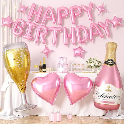 Pink Happy Birthday Balloons Banner, Star Heart Balloons, Champagne Bottle by Hapmori