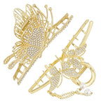2PCS Gold Double Butterfly Rhinestone & Pearl Claw Clips, Bling Large Hair Clips for Women Thick Hair, Chic Hair Accessories