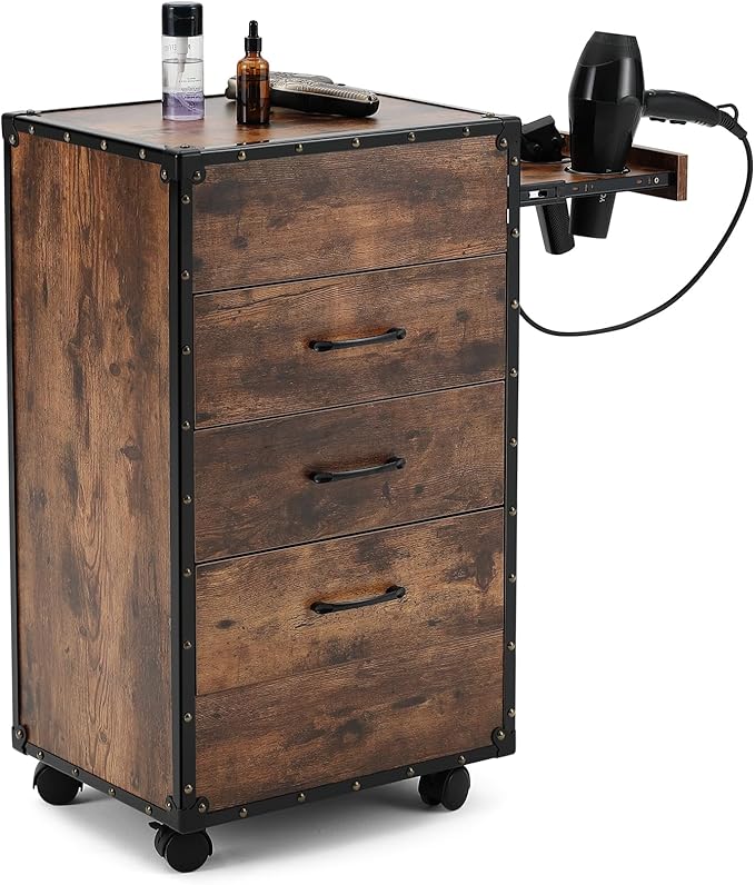 Artist hand Salon Trolley Cart with Wheels Barber Station with Drawers,Power Outlets,Hair Dryer Holders, Hair Stylist Equipment Storage Cabinet for Barbershop Spa Studio