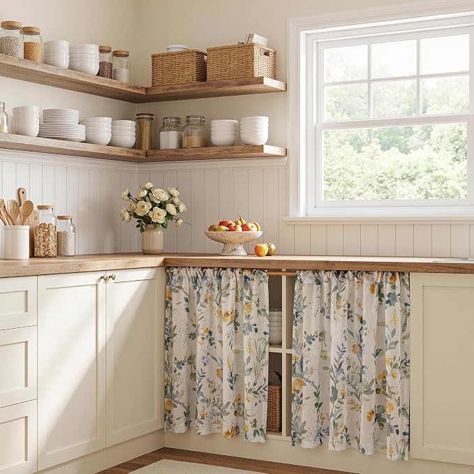 MYSKY HOME Yellow and Blue Floral Sheer Curtains 36 Inch Length - Image 9