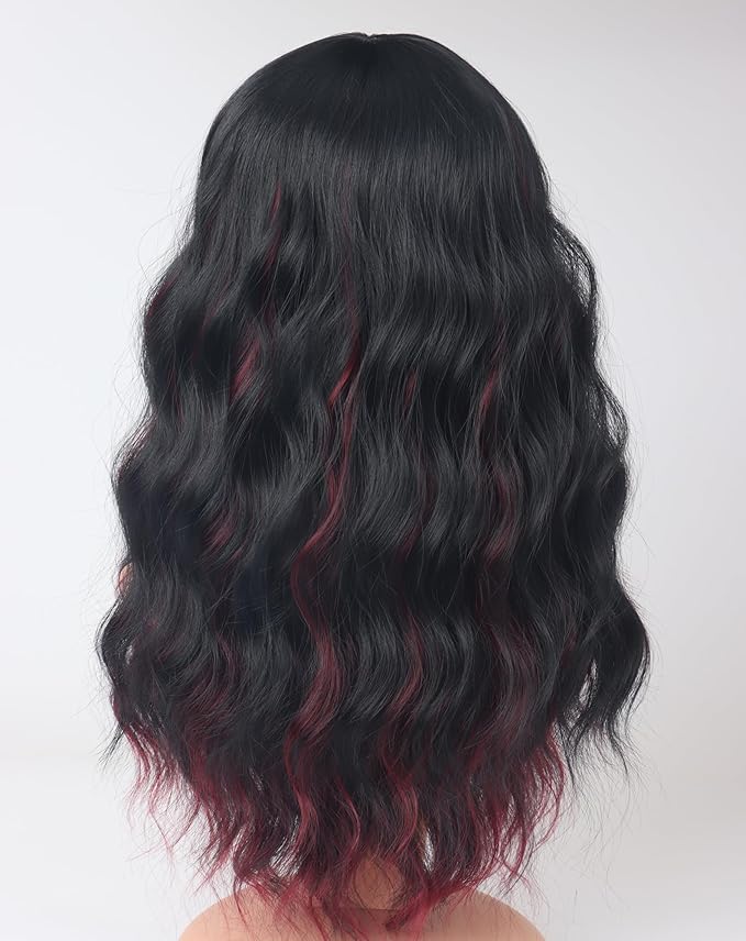 Burdundy-Black Hair Wavy Wigs With Bangs For Women Synthetic Black Hair With Red Undertones Wigs For Daily Use Everyday Wear.