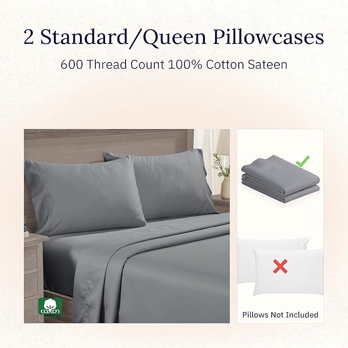 CALIFORNIA DESIGN DEN Luxuriously Soft Hotel Quality 600 Thread Count, 100% Cotton Set of 2 Cases, Crisp & Cool Dark Gray Pillow Cases Standard Fits Standard & Queen Pillows (Dark Gray)