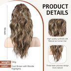 FLUFYMOOZ Ponytail Extension, 18 Inch Claw Clip Ponytail Extension, Wavy Curly Claw Clip in Ponytail Hair Extensions, Natural Fake Ponytail Synthetic Hairpiece for Women (Cool Brown with Blonde Highlights)