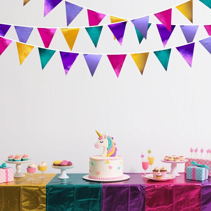 Colorful Party Decorations Hot Pink Teal Purple Metallic Fabric Triangle - Image 4
