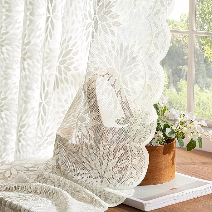 MIULEE Vintage Floral Scalloped Lace Curtains 2 Panels, Ivory 52" W x 90" L | - Image 4