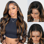 1B/30 Highlight Ombre Brown Body Wave Lace Front Wig Human Hair 13x4 Full Frontal Lace Wig Bleached Tiny Knots Skinlike HD Lace 0.10mm Ultra-thin Invisible 200% Density 32 Inch Black and Brown Colored