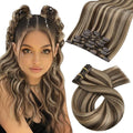 Moresoo Clip in Hair Extensions Brown with Blonde Highlights Double Weft Real Human Hair Extensions Clip ins Dark Brown with Honey Blonde for Women Straight Soft 120g/7pcs 16 inch