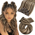 Moresoo Clip in Hair Extensions Human Hair Dark Brown Highlight Double Weft Human Hair Clip in Extensions Dark Brown with Caramel Blonde 7pcs 120g 22Inch