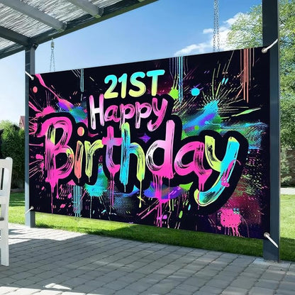 HOMETITUTE Neon 21st Happy Birthday Banner 71x43 Inch Paint Splatter Glow in - Image 2