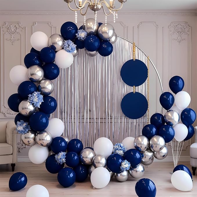Navy Blue White and Silver Balloons 100 Pack 12 Inch White and Silver Metallic - Image 6